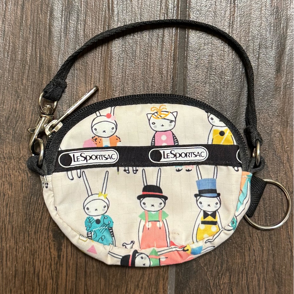 LeSportsac Round Wristlet Pouch in Cream with Multicolor Bunny Picnic Print - Picture 7 of 10